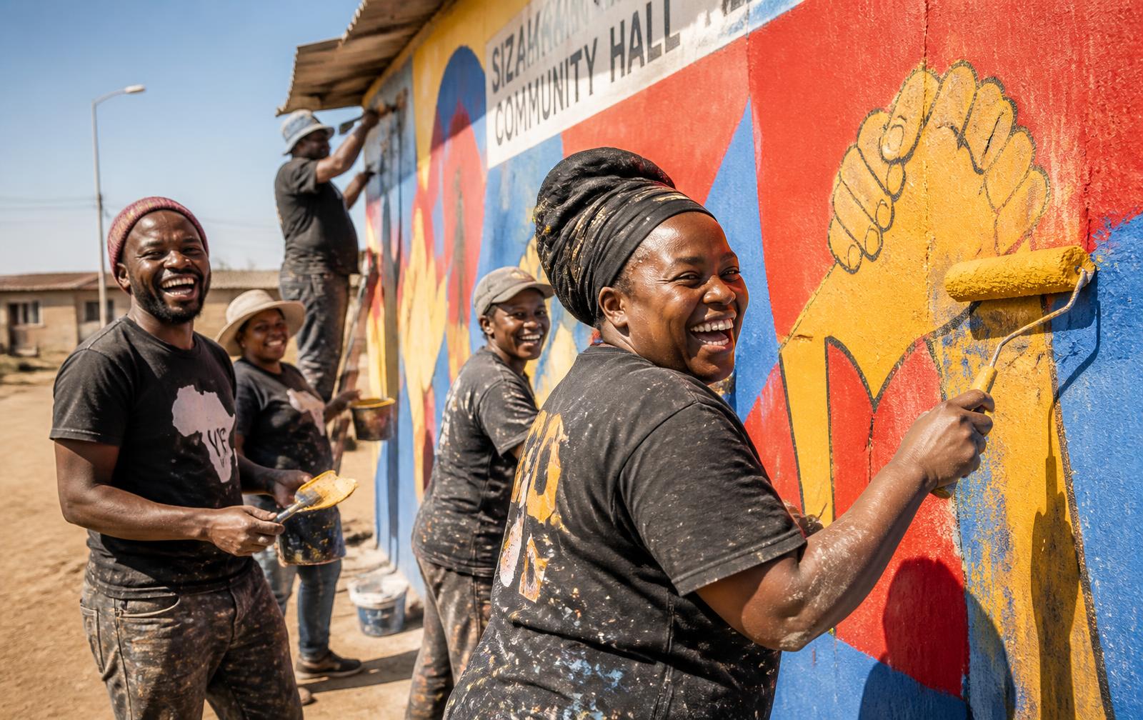 Volunteers painting a bright mural on a community hall wall